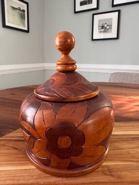 Hand Carved Wooden Turned Canister Jar w/ Lid Pineapple Flower Floral